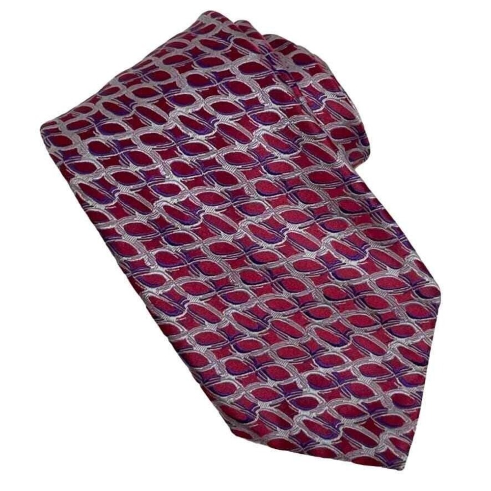 Jhane Barnes Necktie Mens Burgundy Geometric Woven Silk Blend Tie Professional